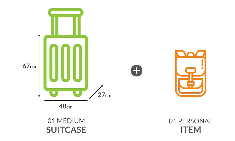 Diagrama de las dimensiones del equipaje para la asignación de maletas y objetos personales. La maleta mide 48 x 27 cm y el objeto personal es una mochila pequeña, sin dimensiones indicadas.
